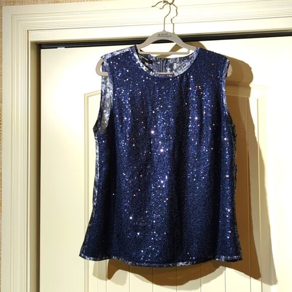 Jones New York Collection Navy Sequin Snakeskin Print Trim & Back Tank Size 14 - Picture 1 of 10